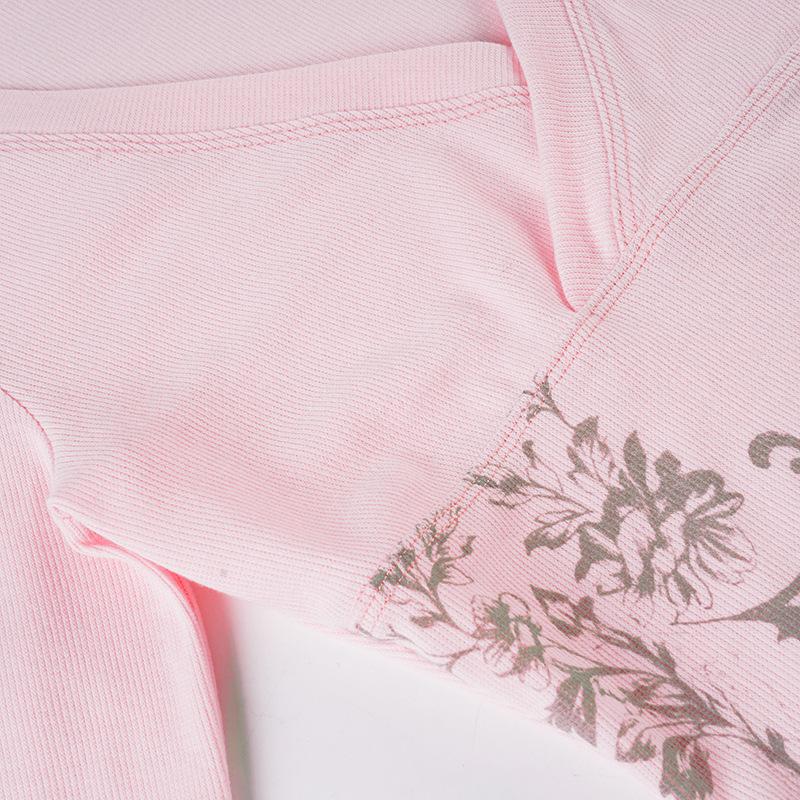 Retro scharfes florales Print V-Ausschnitt Langarm figurbetontes T-Shirt für Damen