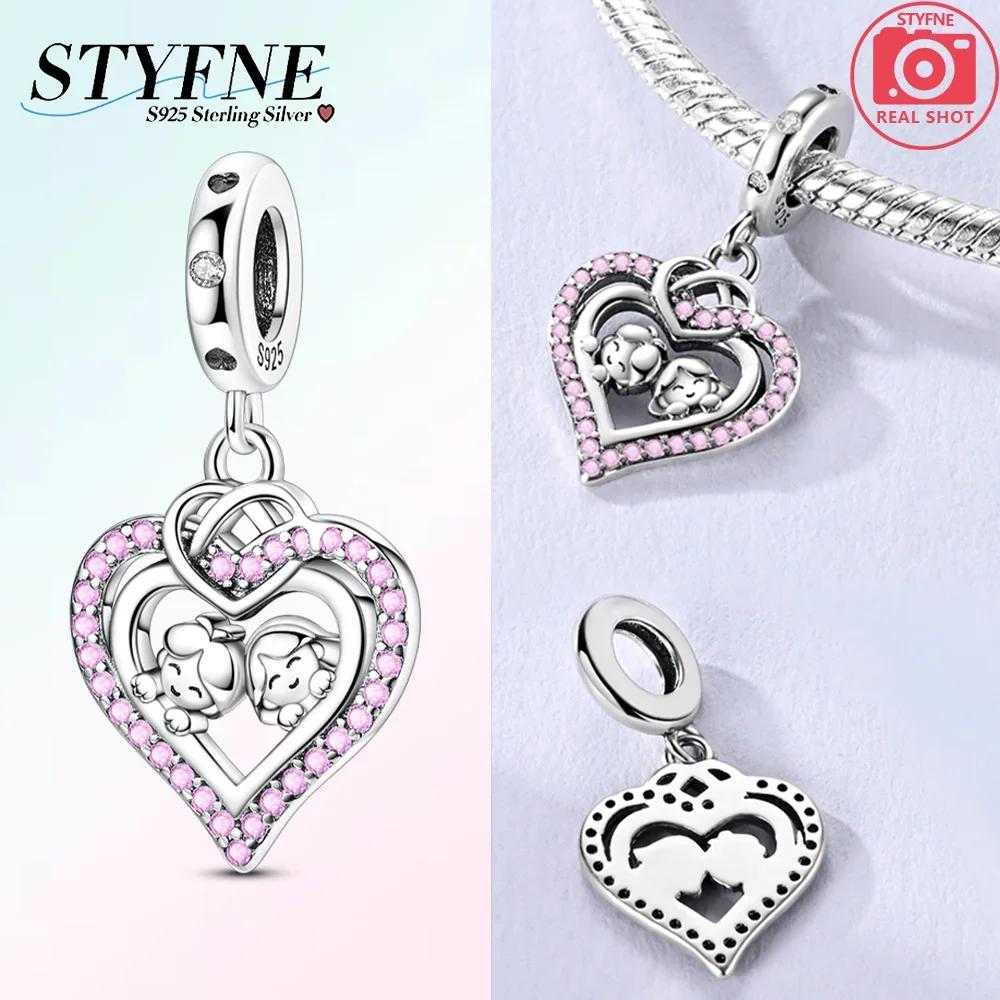 Authentic copperBlue Zircon Heart Pendant Luminous Crown Charm Bead Charms Bead Compatible With Bracelets Accessory Fine Valentines Day Gift Diy Set
