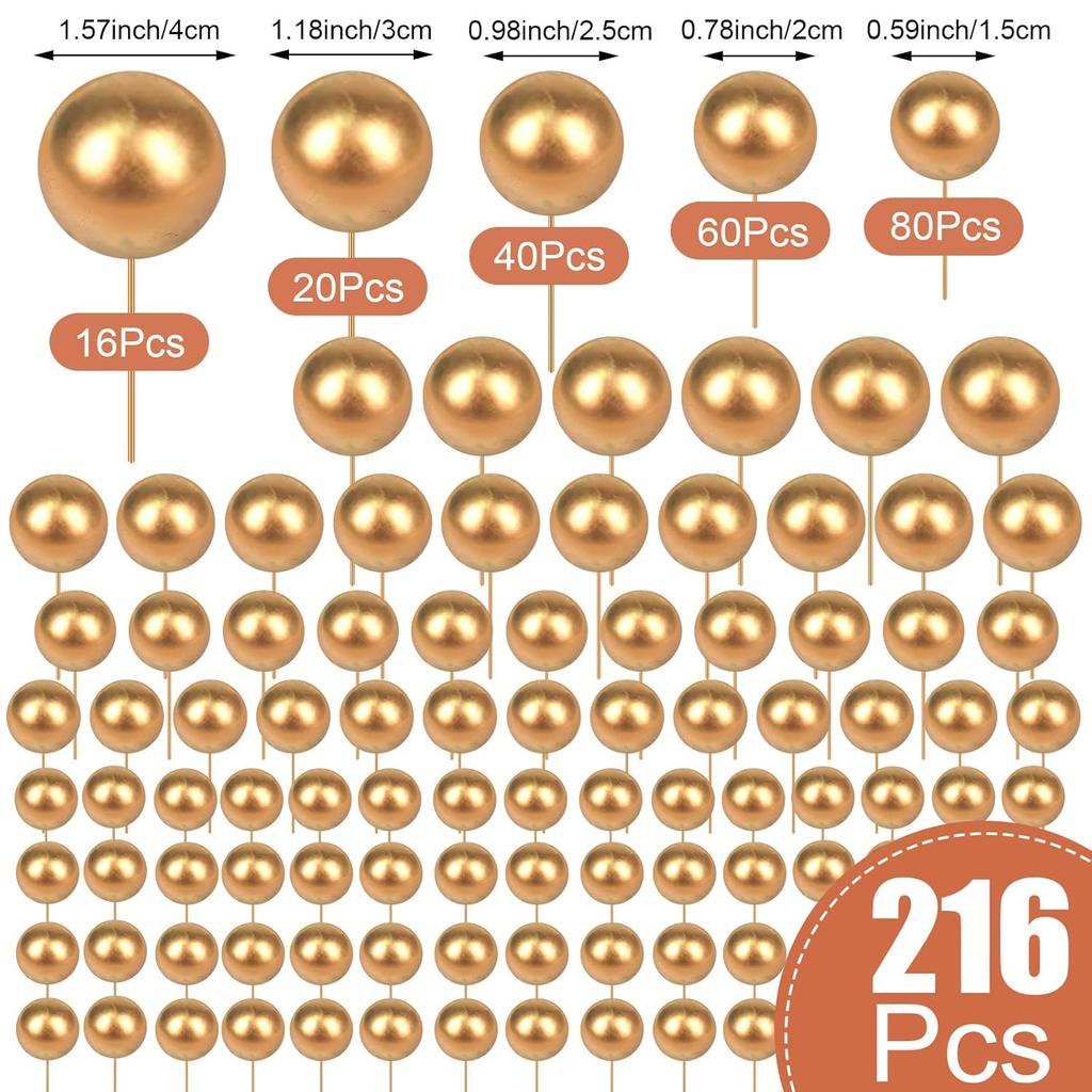 216Pcs Balls Cake Topper Mini Foam Balloons Toppers Ball Shaped Cake Insert Topper Balloon for Baby Shower Birthday Party (Gold)
