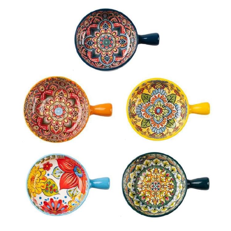 Multipurpose Bohemians Handled Bowl Salad Bowl Ceramic Texture Oven Microwave Safe Dishwasher Cleanable Healthy Cooking