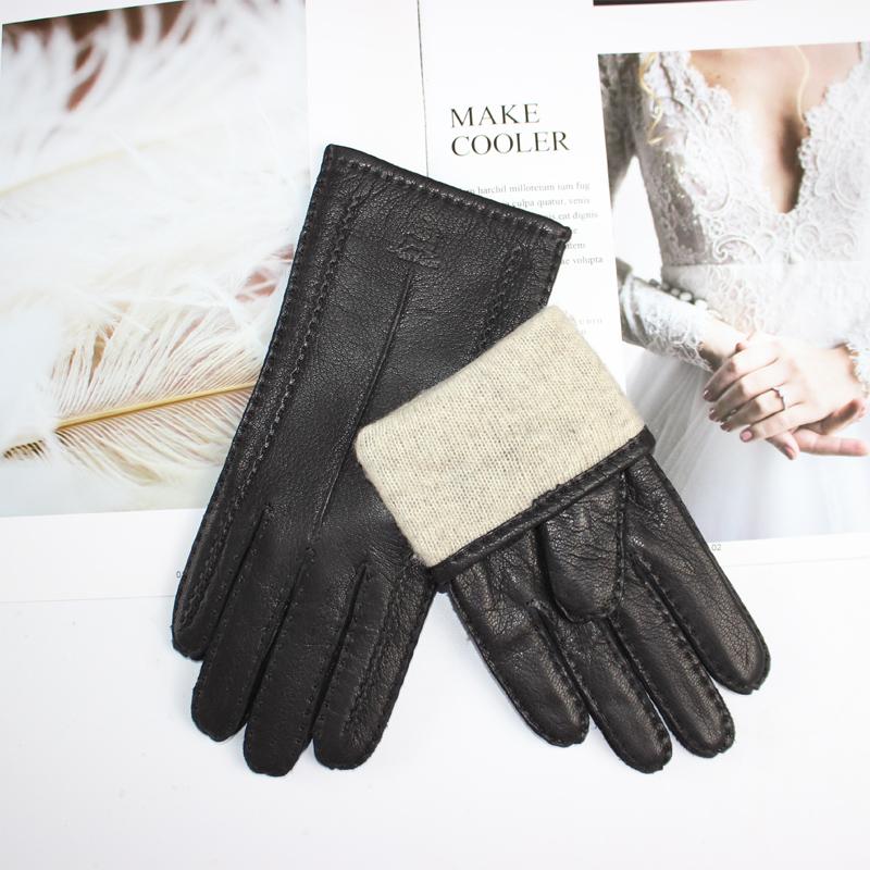 New Women's Deerskin Gloves Hand-sewn To Make Warm Wool Knitted Lining Outdoor Riding and Driving Gloves
