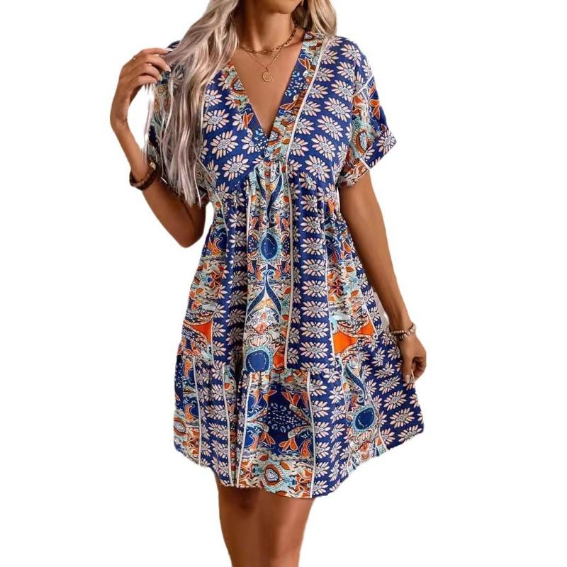 Women's Vintage Floral Print V-neck High-waisted Batsleeve Holiday Dress