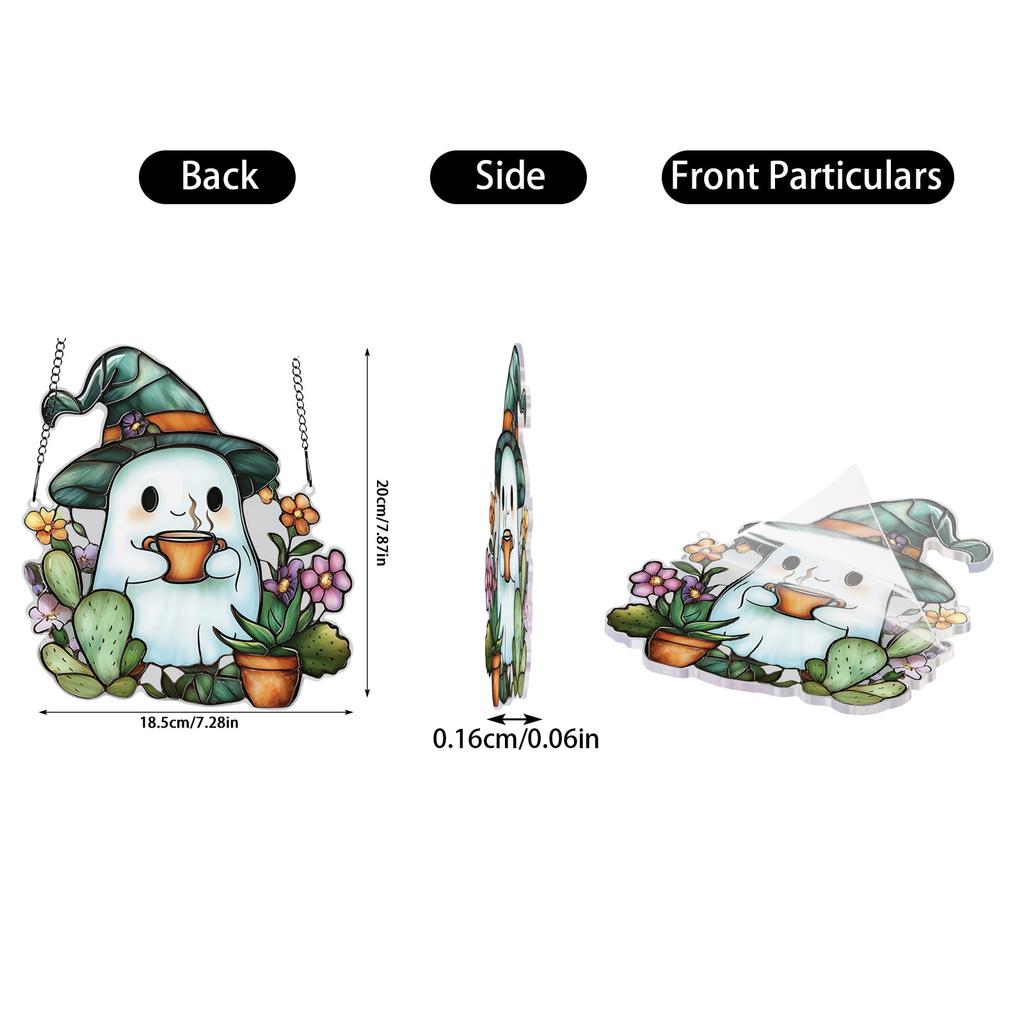 Acrylic Hanging Ornament 2D Ghost with Witch Hat and Plants Decorative Window Suncatcher for Indoor Use with Chain