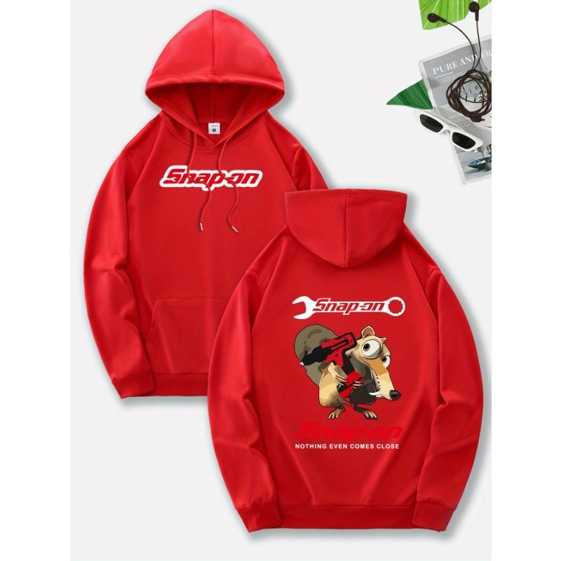 Wrench‑critter Men Hoodie Front Bold Red‑white Chest Text Print, Back Cartoon Squirrel with Wrench Graphic Pullover for Trendy Daily Street Outfits