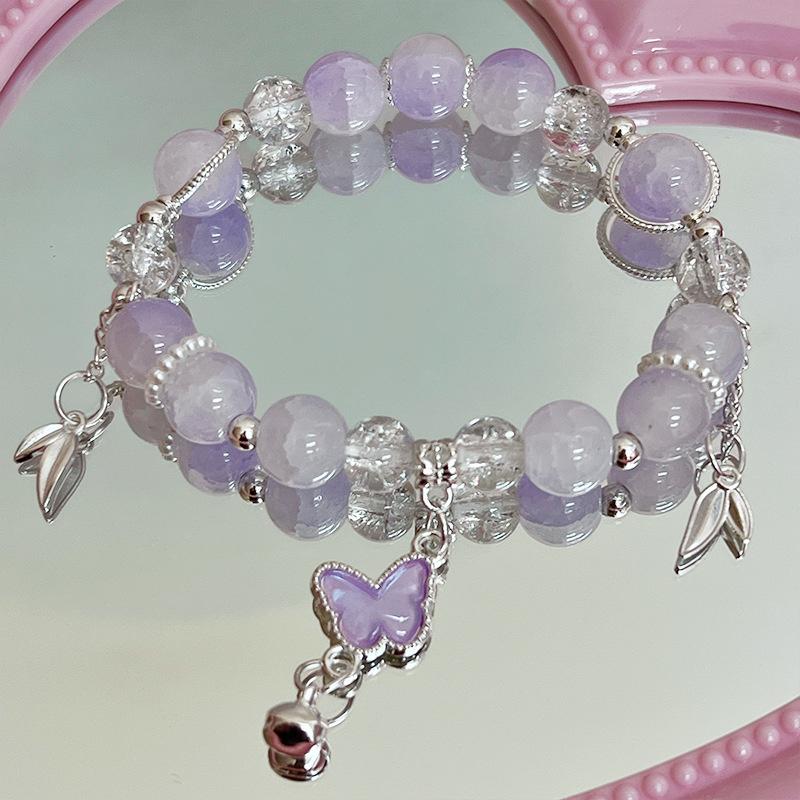 Bracelet Pendentif Papillon Fleurs Cristal Rose Coréen Pour Femmes Bracelets Chaîne de Perles Douces Bijoux Cadeaux Petite Amie