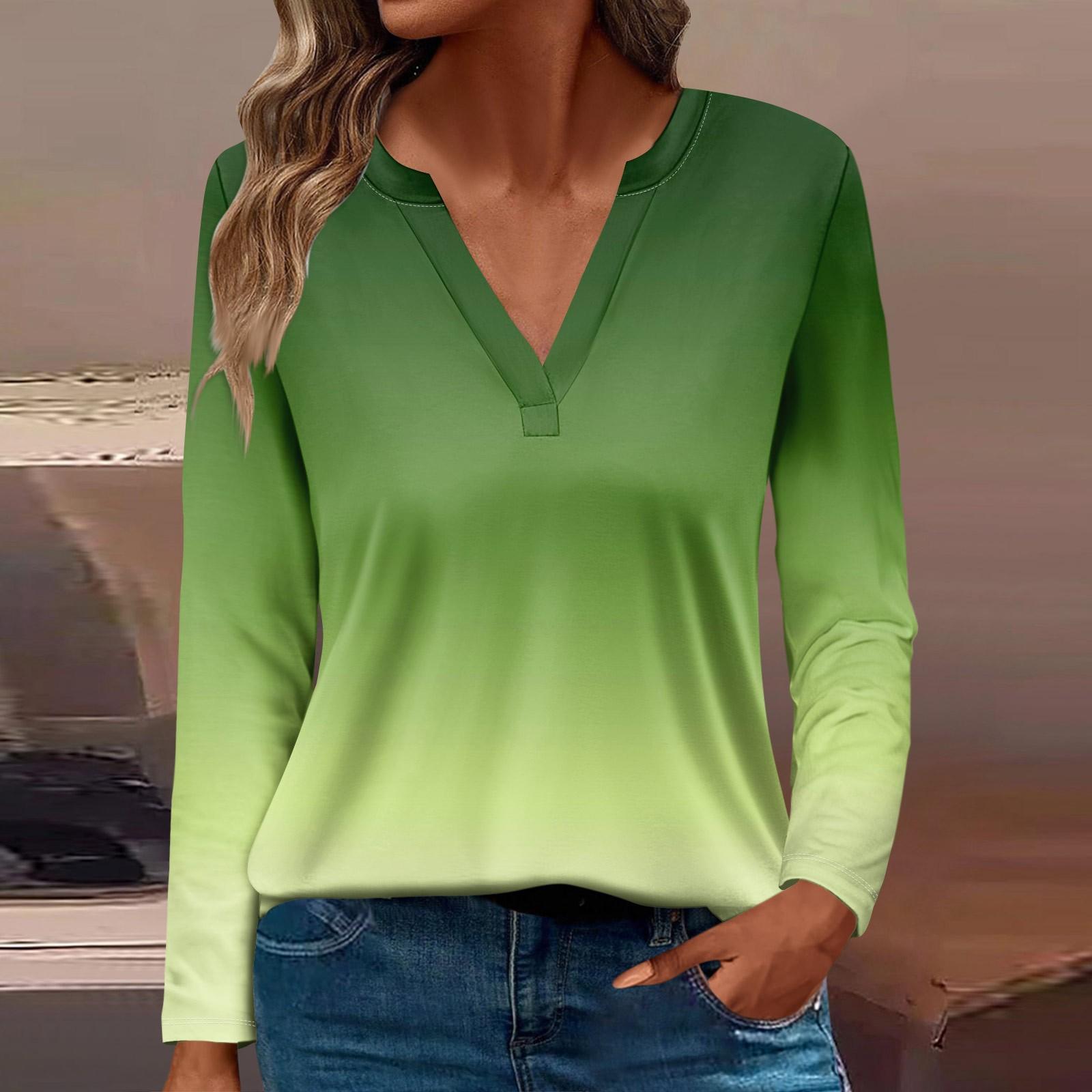 

Женская футболка Футболка с принтом и длинным рукавом Повседневные выходные Мода Базовый топ с V-образным вырезом Обычный топ XL зелёный