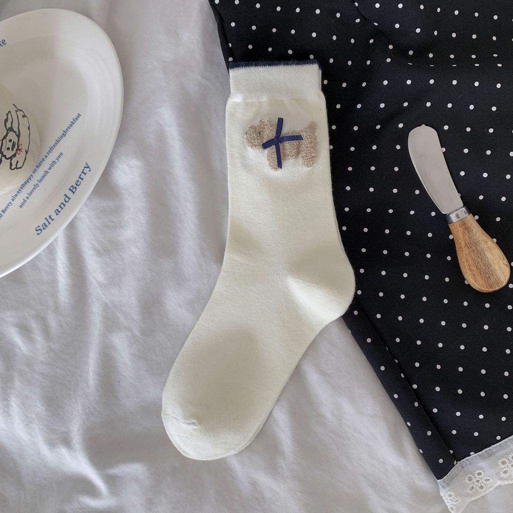 Vintage Button-Down Socks Simple Navy Blue Jewelry Socks Polka Dot Bow Korean Puppy Mid-Tube Cotton Socks