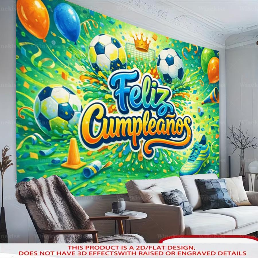1pc 2D Flat Soccer Theme Birthday Backdrop Banner Colorful Party Decorative Banner Garden Patio Indoor Outdoor Celebration Decor Birthday