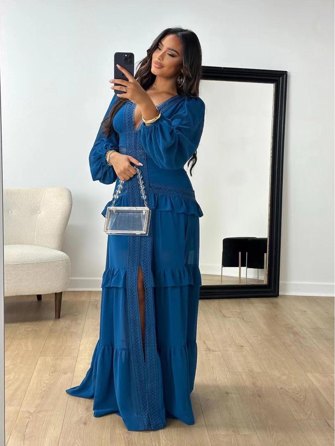 

2024 Осень/Зима Элегантное Платье с Длинным Рукавом и V-образным Вырезом Medium темно-синий