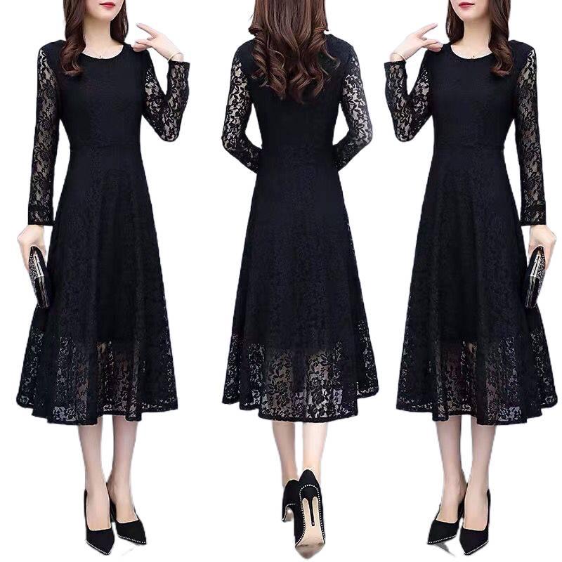 Women's Plus Size Black Lace A-line Long Skirt Dress - Spring/Summer 2026, New Style, Long Sleeve, Elegant Fit