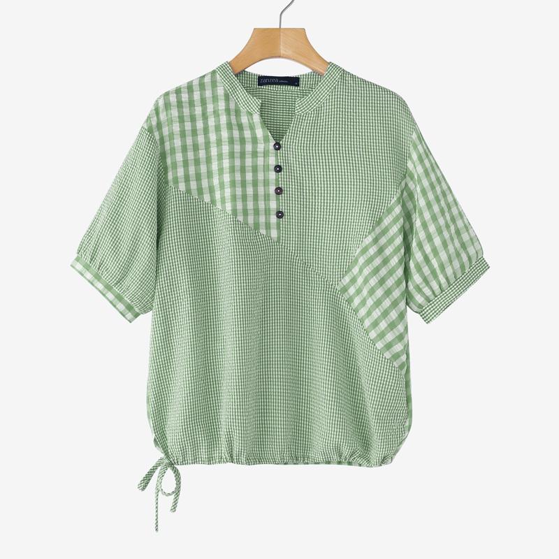 

ZANZEA Женская летняя блузка с V-образным вырезом, полосатым принтом и коротким рукавом в повседневном стиле XL зелёный