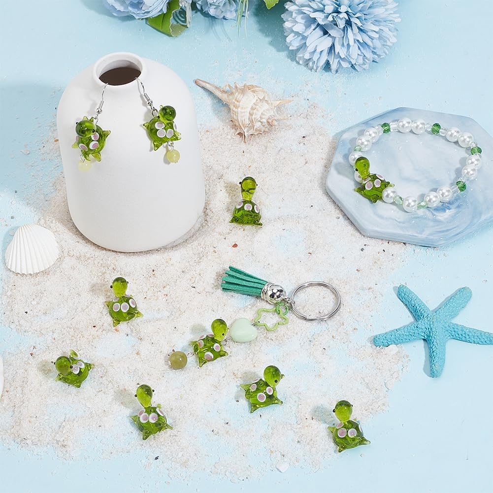 PH PandaHall Glass Tortoise Beads 10pcs Turtle Lampwork Glass Beads Charms Spacer Green Turtle Beads Handmade Cartoon Tortoise Animals Glass Spacer