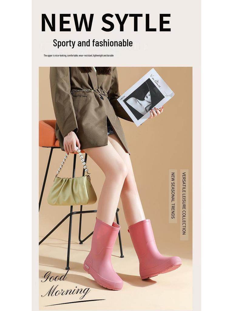 Women's Mid-Calf Waterproof Fashion Rain Boots - Non-slip, Wear-resistant, Solid Color Outdoor Water Shoes