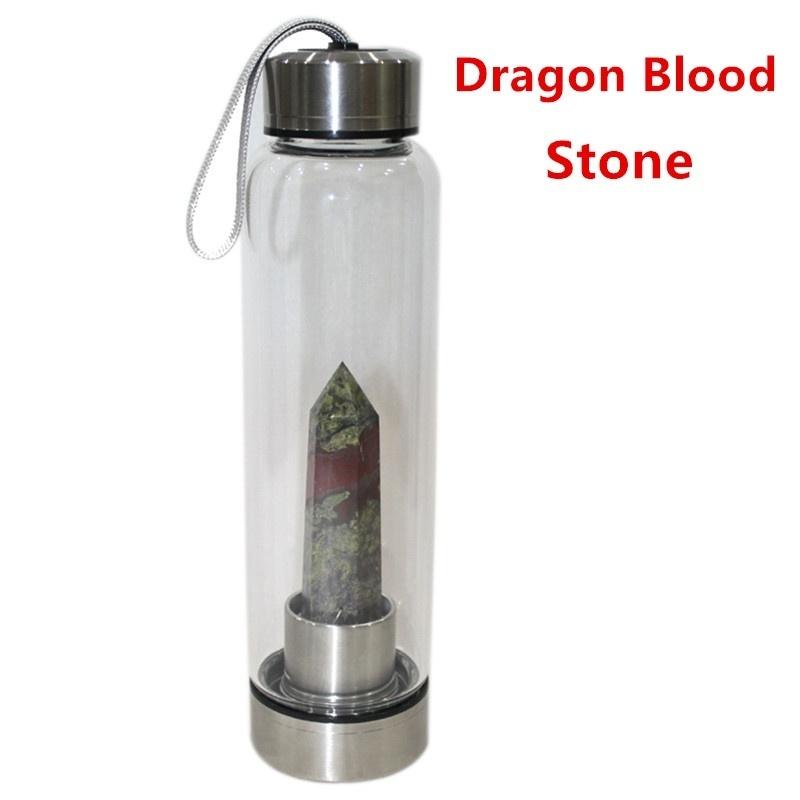 Botella de agua de cristal curativo natural de 550 ml con tapa de acero inoxidable 304, varita de piedra de cuarzo fluorita, botella de vidrio energético, taza de agua