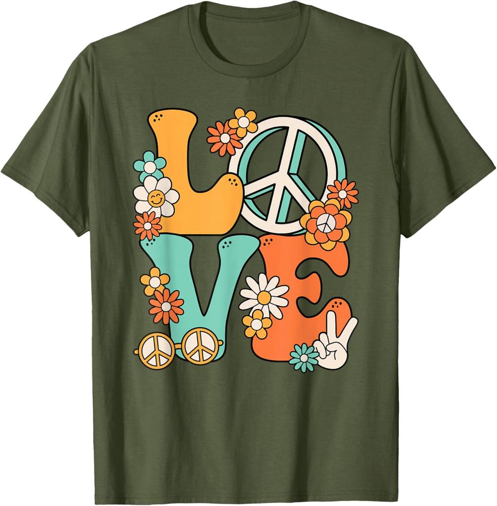 Hippie Love Peace Groovy Flowers Retro 70s Style Graphic Print Cotton T-Shirt Unisex Trip Casual