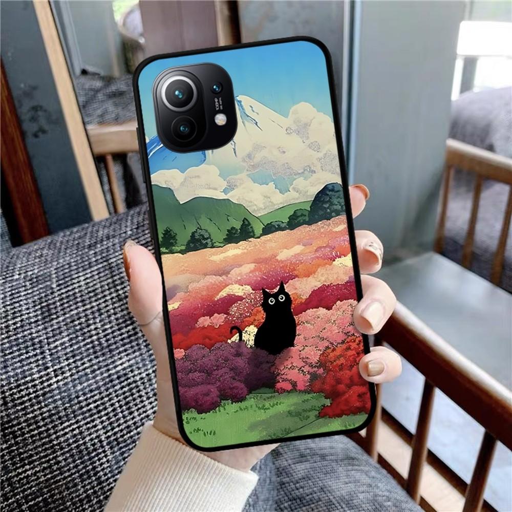 Cartoon Animal Black Cat Oil Painting Phone Case For Xiaomi Mi 5X 8 9 10 11 12 Lite Pro 10T PocoX3pro PocoM3 Note 10 Pro Lite