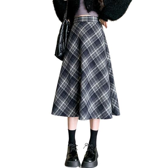 Dámská midi sukně s vysokým pasem áčkového střihu vlněná sukně kostkovaný vzor zeštíhlující sukně do půli lýtek denní domácí streetové oblečení