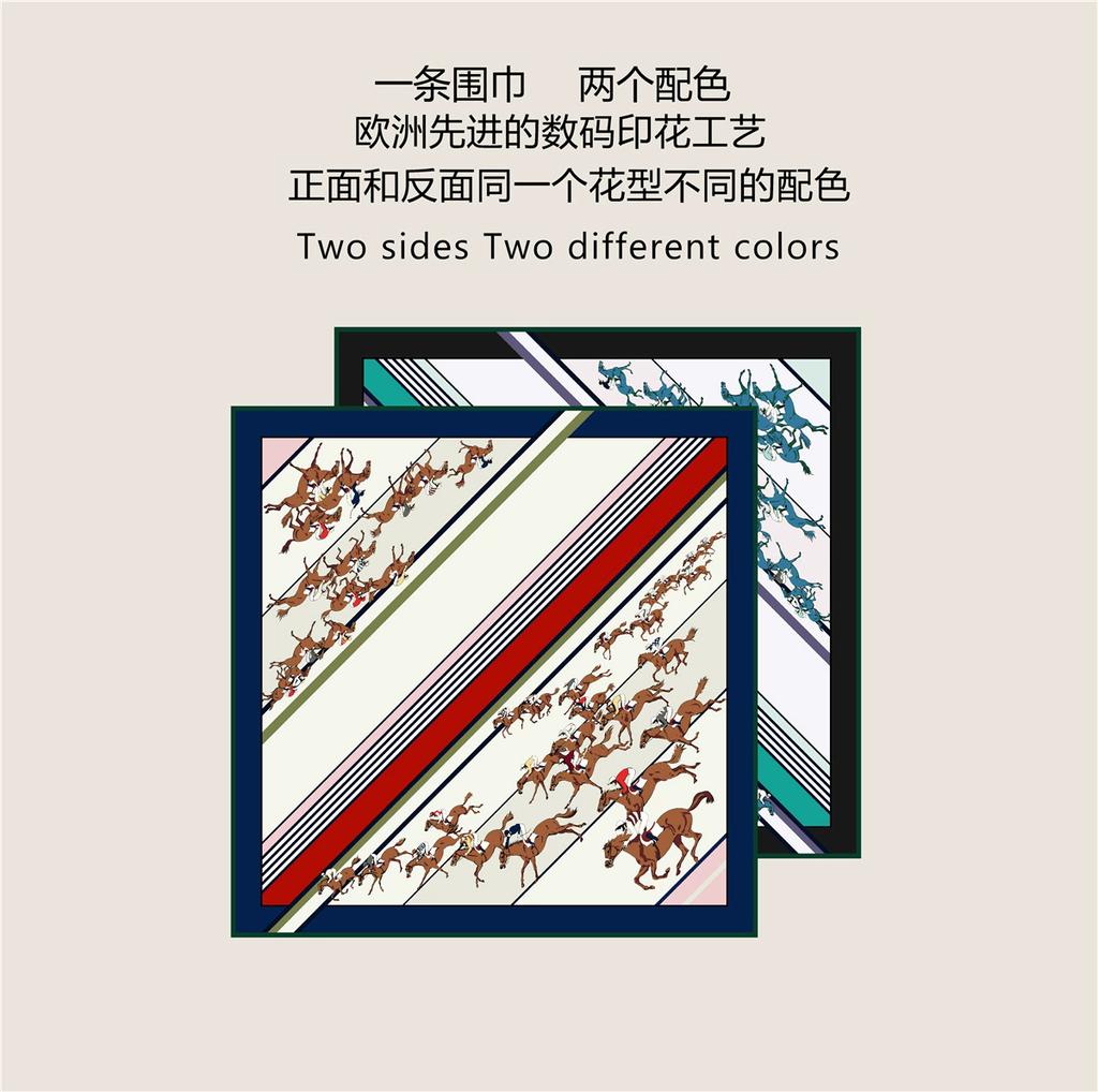 Hand-Rolled 90cm Twill Silk Scarf for Women Double-Sided Carriage Print Square Versatile Wrap Shawl Hijab Accessory