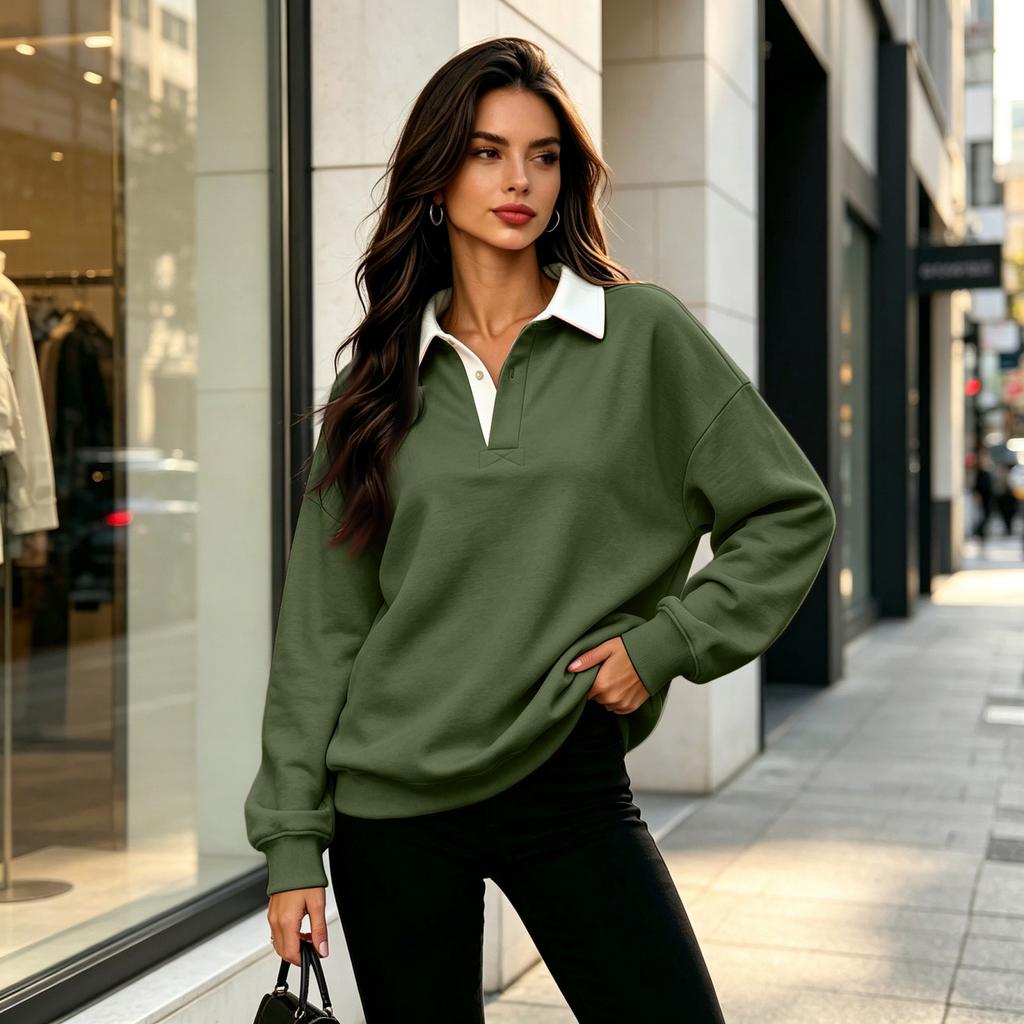 Women's Casual V-Neck Long Sleeve Color Pullover Sweatshirt for Everyday Wear