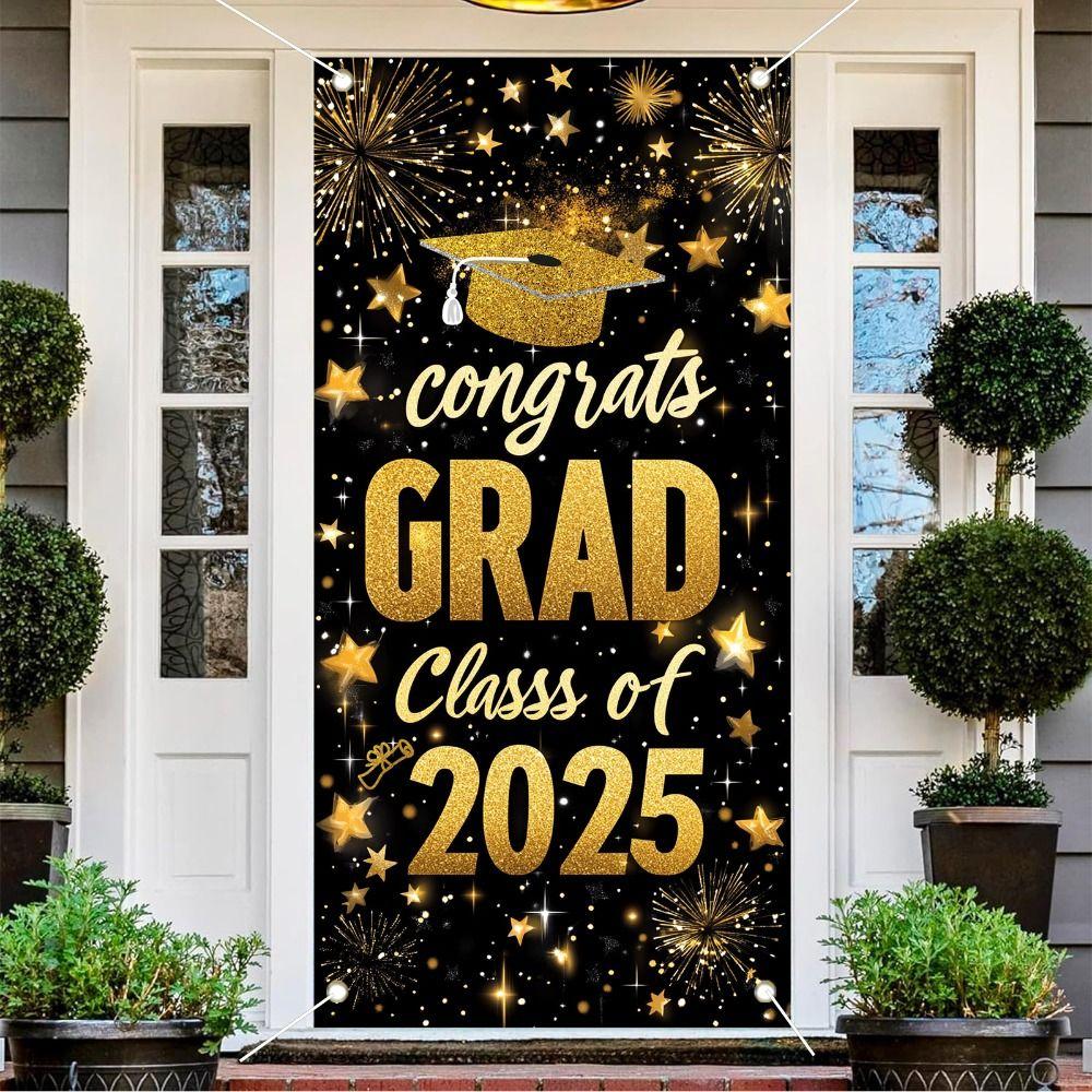 

Black Gold Graduates Theme Background Congrats Grad Porch Hanging Flag Studio Prop 90x180CM