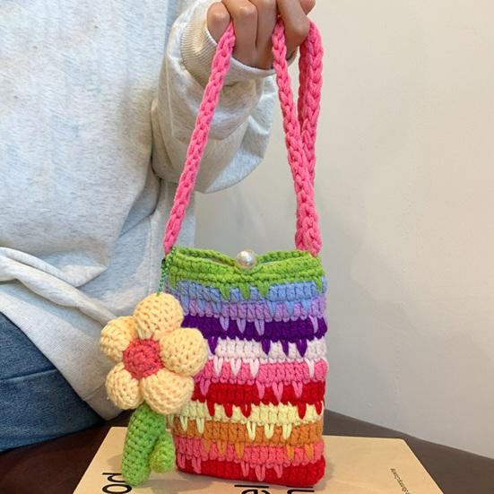 Women Crossbody Bag Colorful Crochet Cartoon Flower Pendant with Faux Pearl Lock Design