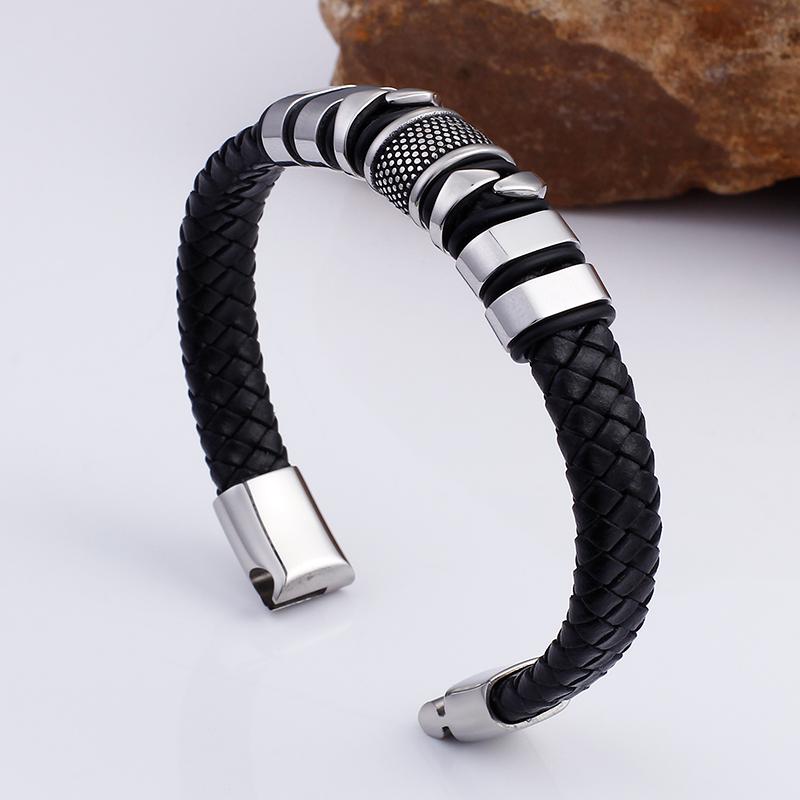 16MM Wide Stainless Steel Wrap Bracelet for Man Black Genuine Leather Men's Bracelets Bangles with Magnet Clasp Engraved Gifts