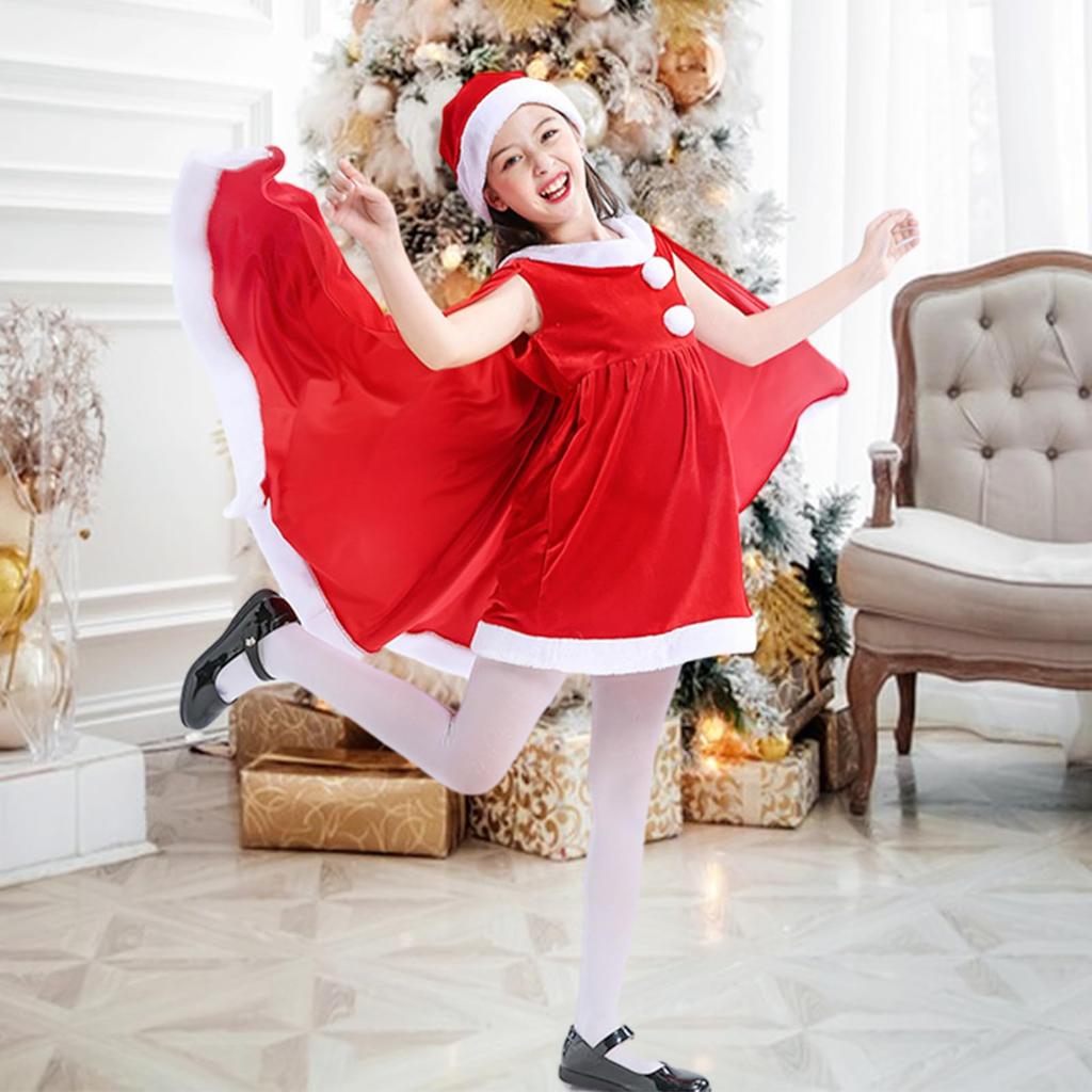 Matreeglam Santa Cosplay Set for Includes Poncho Dress and Cute Christmas Fluffy and Perfect for School Stage and Girls, 3-Piece Set, Hat. Costume,