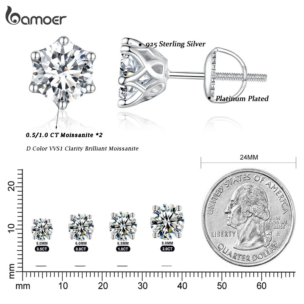 BAMOER Moissanite Stud Earrings, D Color Brilliant Round Cut Lab Created Diamond 925 Silver Earrings Gold Plated for