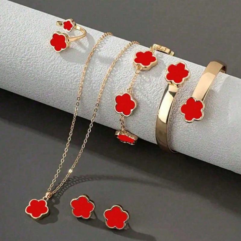 6pcs/Set Women's Same Color Lucky Flower Decoration Accessory Combination 1 Pair Of Earrings 1 Necklace 1 Bracelet 1 Bracelet 1 Ring Set Suitable