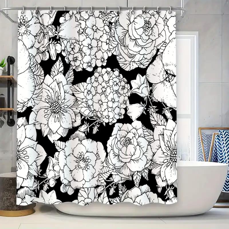 

Vintage Floral Shower Curtain Black White Design For Bathroom Decorations W60H190(CM)-1 Pcs