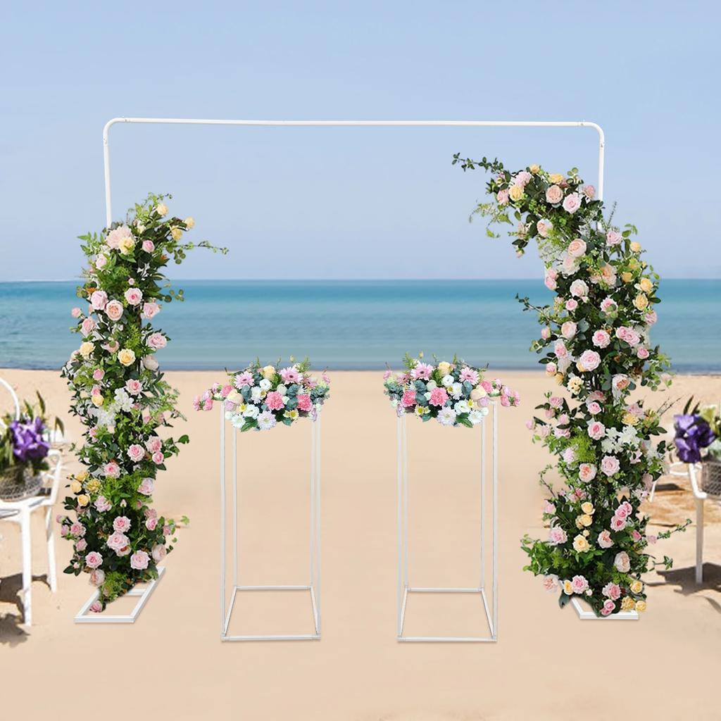 Large 2x2m Wedding Balloon Arch Stand with 2 Square Flower Stands, White Backdrop Frame, Modern Floor Mount Decor for Birthday