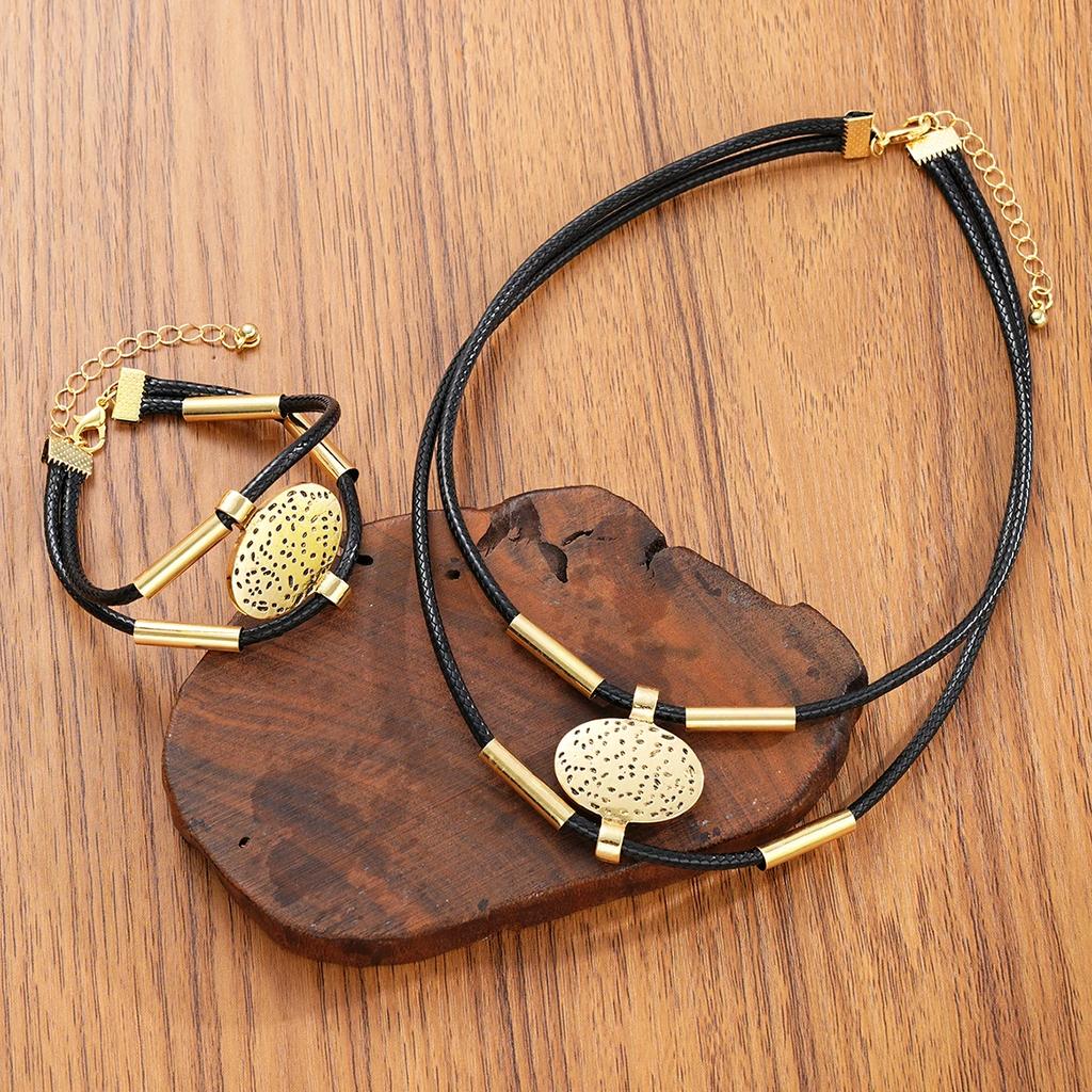 Vintage Oval Metal Faux Leather Necklace Bracelet For Women Fashion Gold Silver Color 2Pcs/Set Double Layered Chain Jewelry Sets