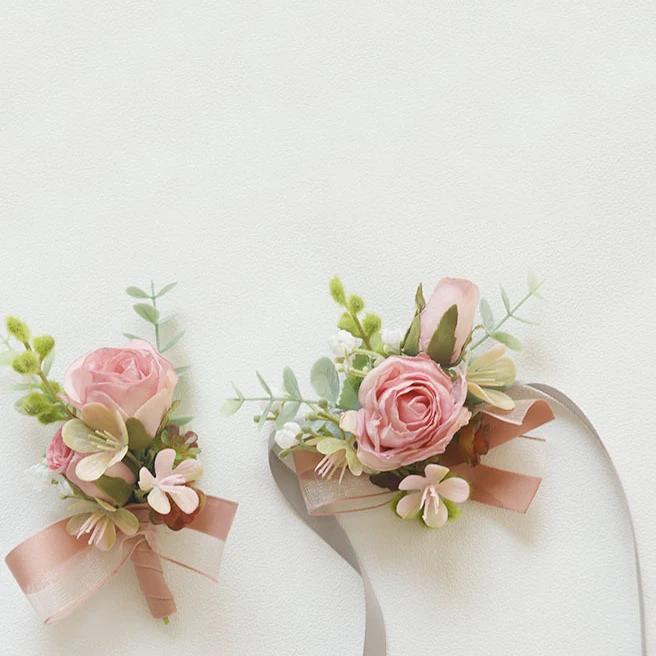 6pcs Pink Corsage Boutonniere Set for Bride Groom Bridesmaids Groomsmen Wedding Cerenony Homecoming Prom Suit Flowers