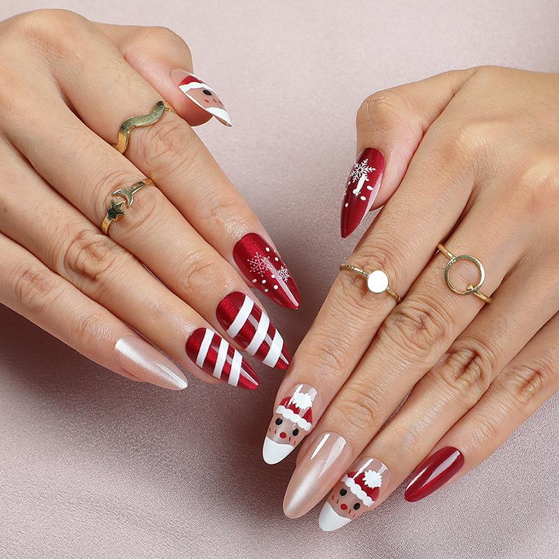 24pcs Almond-Shaped Cat Eye Christmas Nails - Snowman & Tree Stickers 24pcs/box DM-116