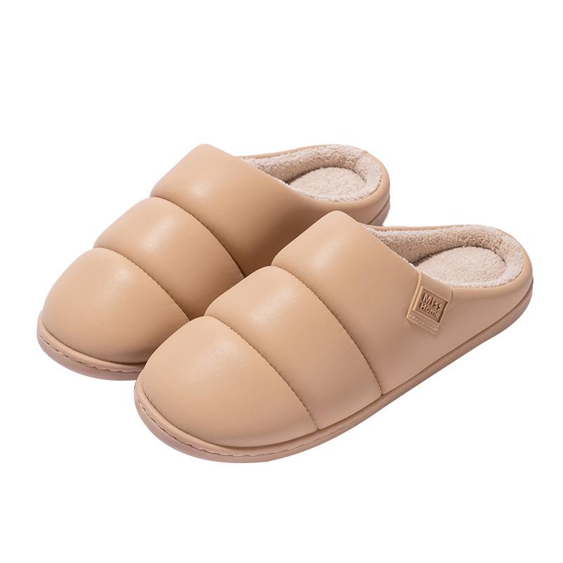 New high-end PU leather simple slippers autumn and winter indoor couple household velvet warm non-slip cotton slippers