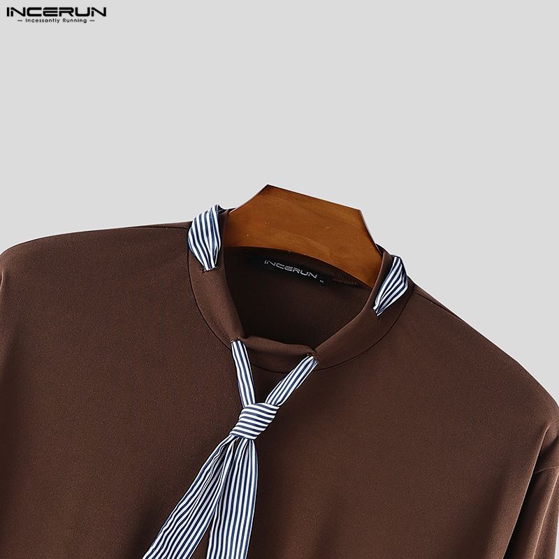 INCERUN Spring Men Striped Tie Long Sleeve Casual Loose Pullover T-shirts Tops