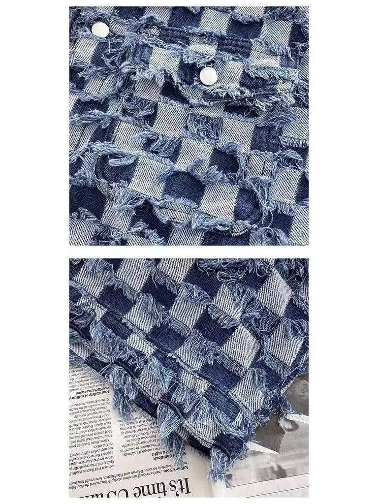 Unisex Checkered Denim Jacket, Retro Loose Fit for Spring & Autumn, Trendy American High Street Style