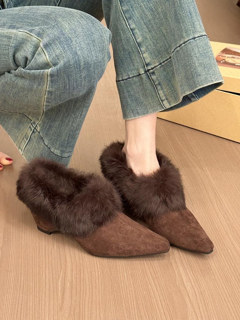 Gentle Tie! Retro Suede Pointed Head Hairy Edge Single Shoes Winter Velvet Inner Height-increasing Single Shoes