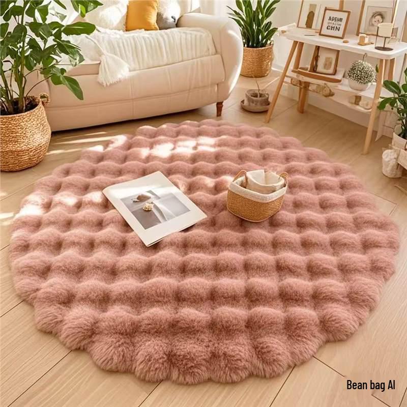 Cream Bubble Velvet Round Rug - Minimalist Style, Perfect for Living Room Coffee Table or Bedroom, Rabbit Plush Texture.