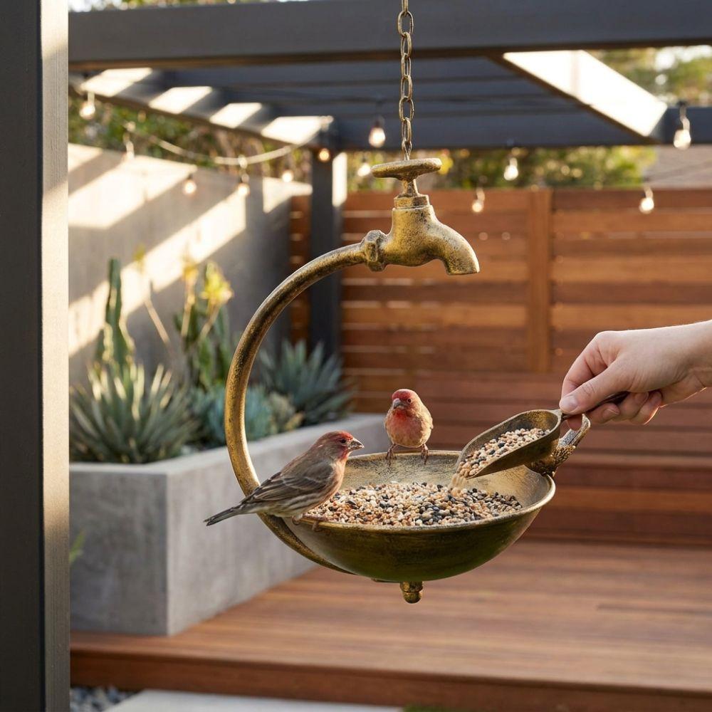 Faucet Design Metal Bird Bath Retro Bird Feeding Bowl Habitat Platform Feeding Station  Railing