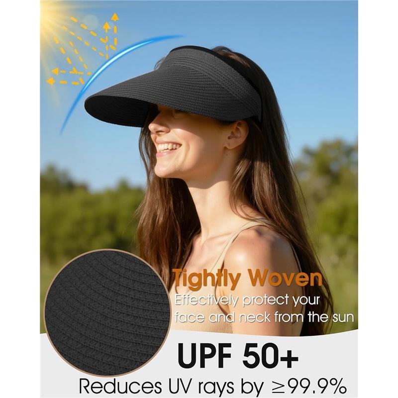 Fashion Sun Hats Visor for Women, Straw Beach Hat Adjustable Wide Brim Ponytail Packable for Summer Travel UPF 50