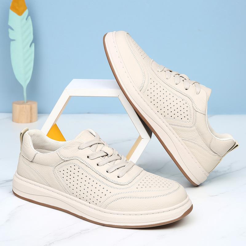 The First Layer of Cowhide Little White Shoes Men's Summer Hollow Breathable Hole Shoes White Casual Leather Shoes Soft Sole Soft Surface Board Shoes