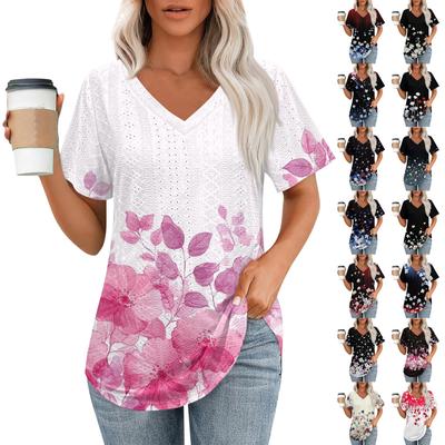 Damen-T-Shirts mit V-Ausschnitt, kurzärmelig, lässige Oberteile, lockere Passform, Basic-T-Shirts mit abgerundetem Saum