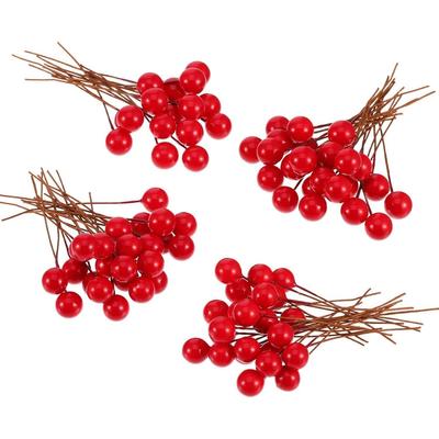 Künstliche Stechpalmenbeeren, 10 mm Deko-Beeren auf Draht für Weihnachtsbaumschmuck, Blumengirlande, DIY-Bastelbedarf (Packung mit 50, Rot) Kunststoff