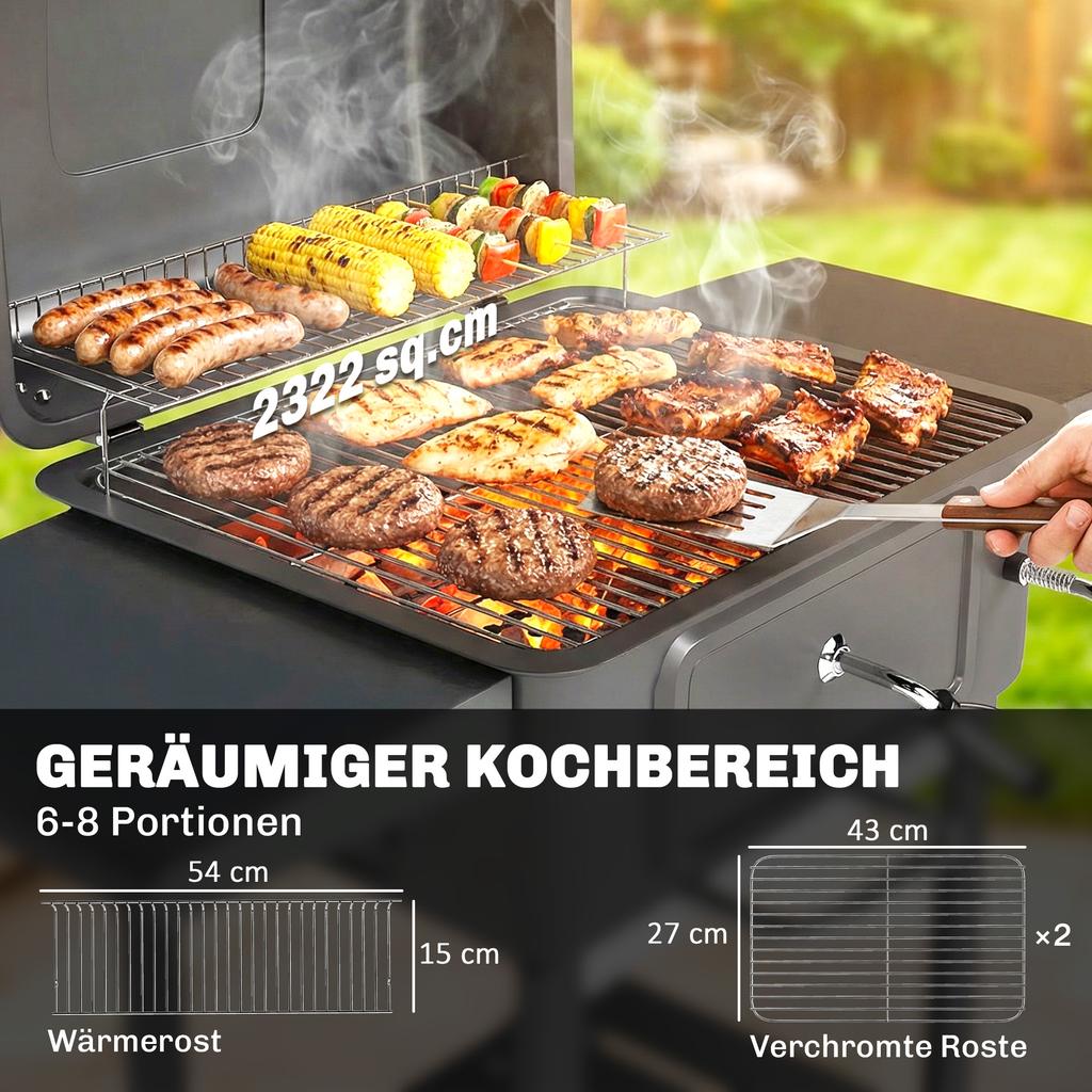Charcoal BBQ Grill with Adjustable Charcoal Pan, Large Barbecue Grill Smoker with Side Tables, Temperature for Outdoor
