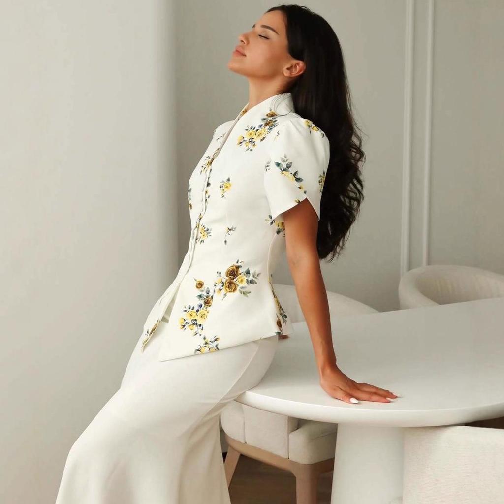 2025 Summer Floral Semi-High Collar Short Sleeve Bodycon Skirt Set