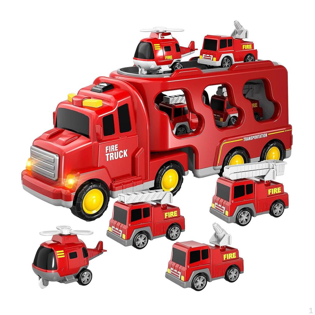 Fire Truck Car Toy 7 in 1 Carrier Transport Friction Power with Lights and Sounds for Age