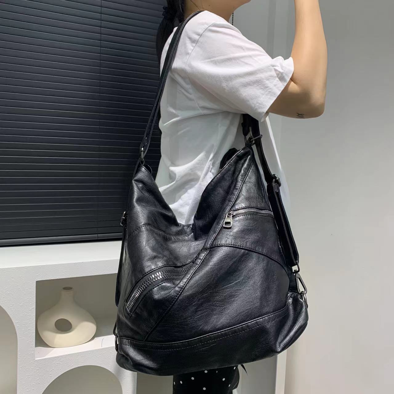 

Women S Washed Shoulder Bag Trendy Simple Messenger Handbag чёрный
