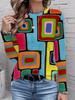 Fashion Women's Long Sleeve T-Shirts Geometric Splice 3D Printed Round Neck Fall Spring Tops Tees Oversized Women's Clothing