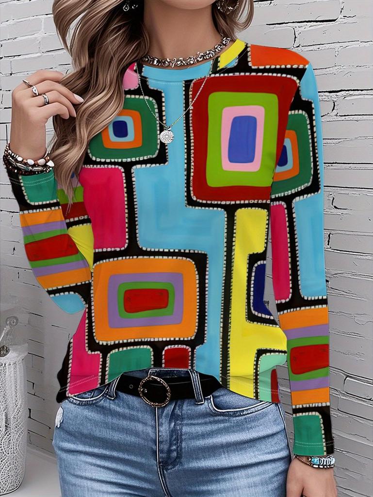 Fashion Women's Long Sleeve T-Shirts Geometric Splice 3D Printed Round Neck Fall Spring Tops Tees Oversized Women's Clothing